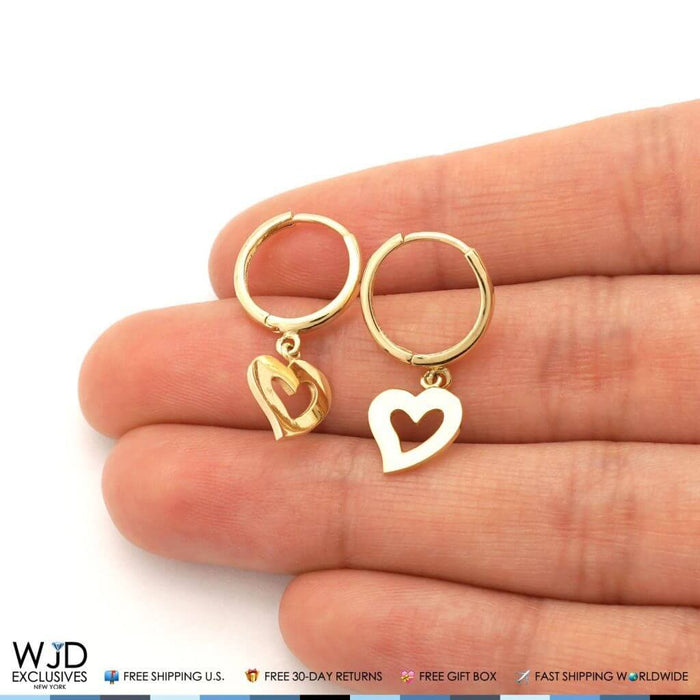 14k Yellow Gold Heart Dangle Drop Huggie Hoop Earrings