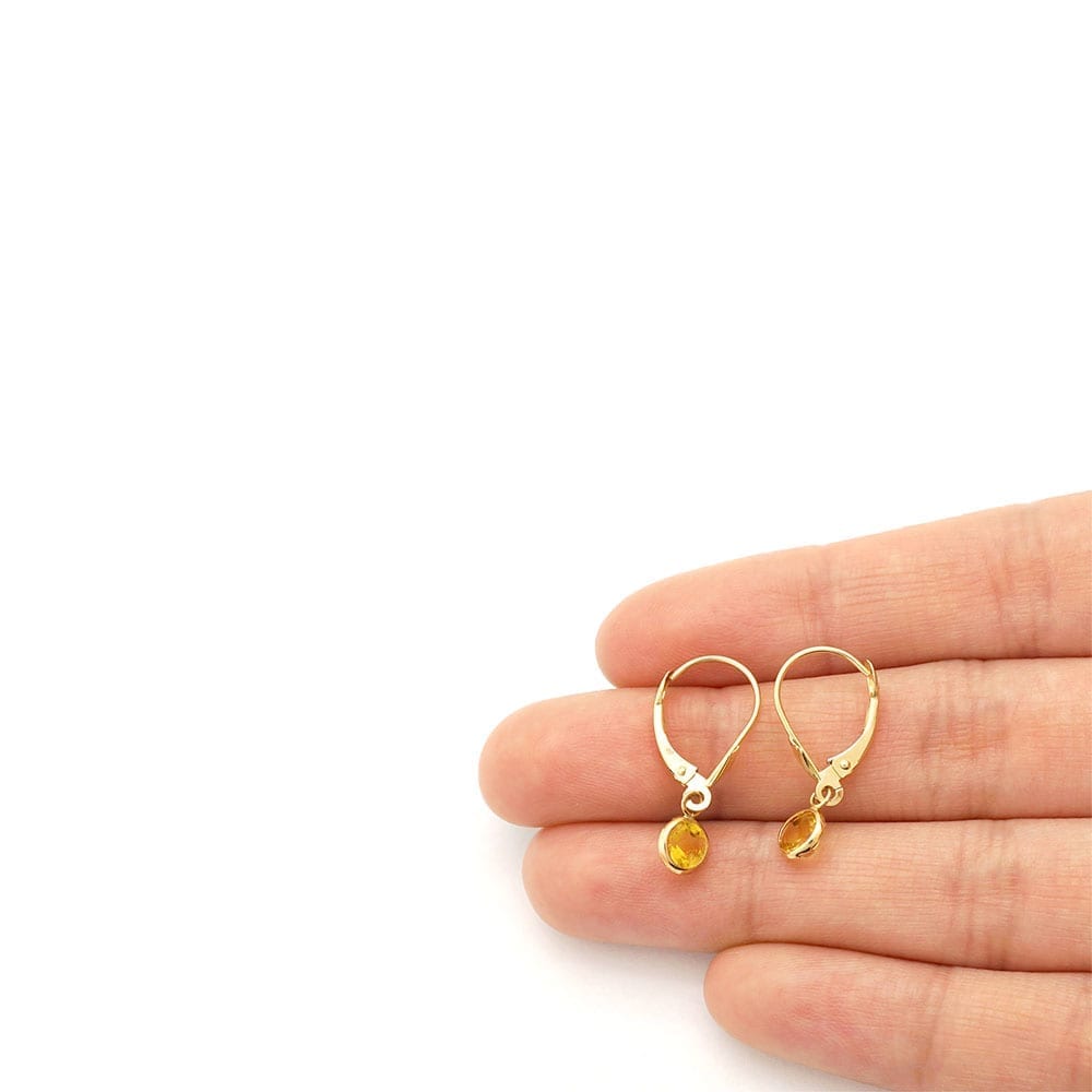 14k Yellow Gold Round Bezel Simulated Birthstone Drop Leverback Earrings