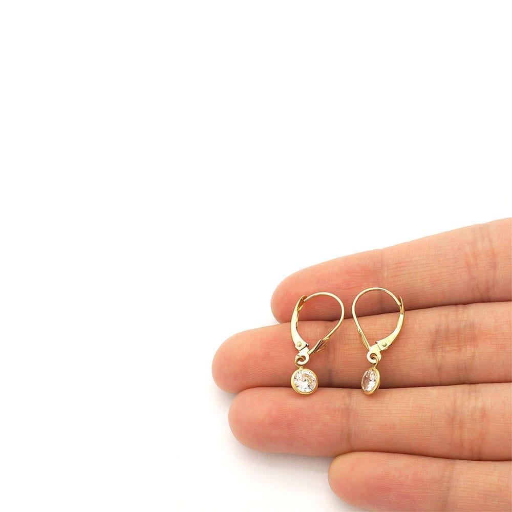 14k Yellow Gold Round Bezel Simulated Birthstone Drop Leverback Earrings