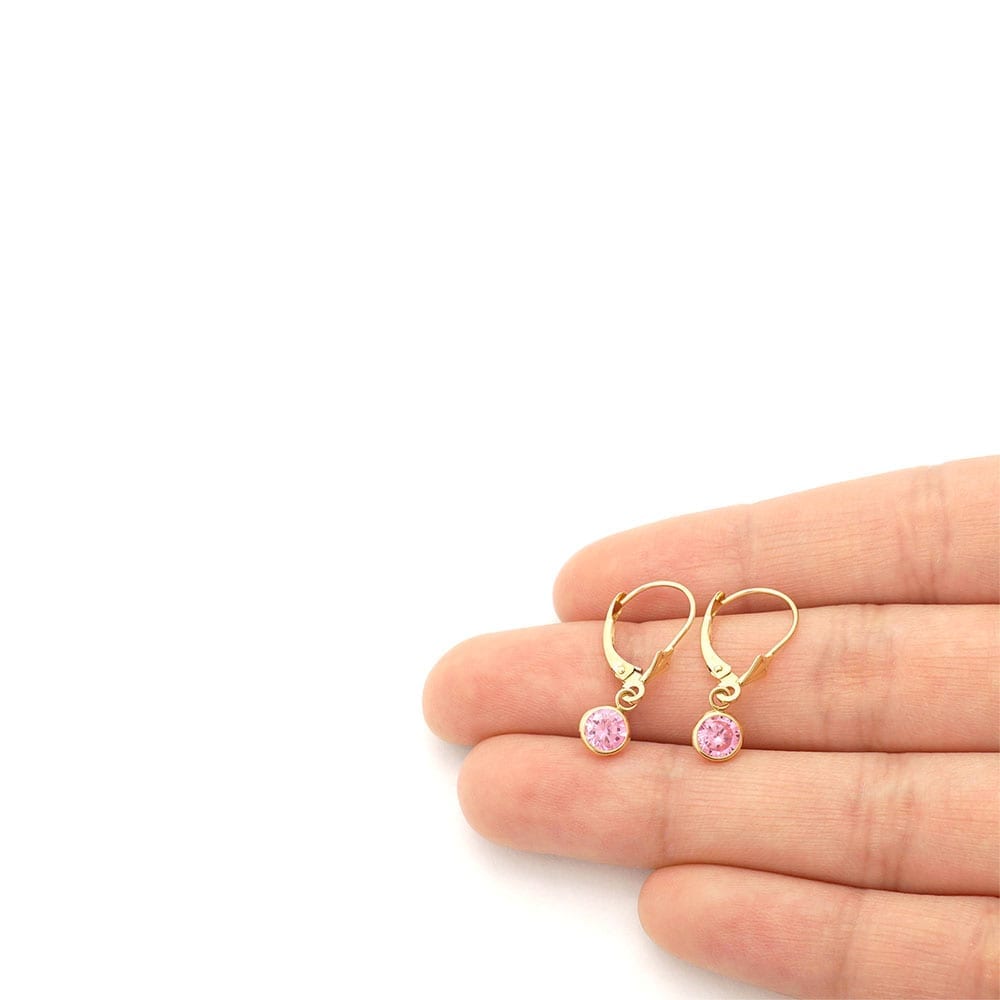 14k Yellow Gold Round Bezel Simulated Birthstone Drop Leverback Earrings
