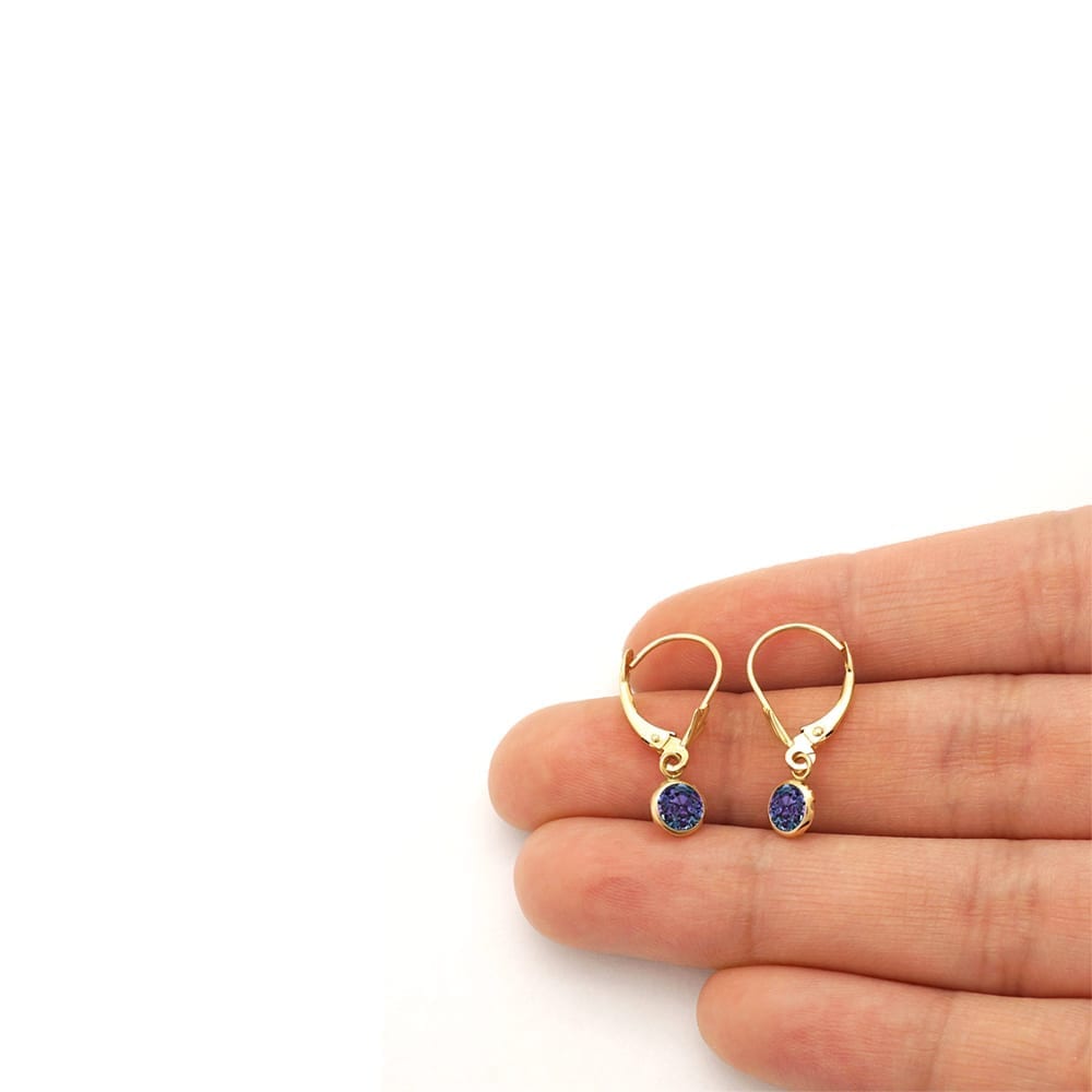 14k Yellow Gold Round Bezel Simulated Birthstone Drop Leverback Earrings