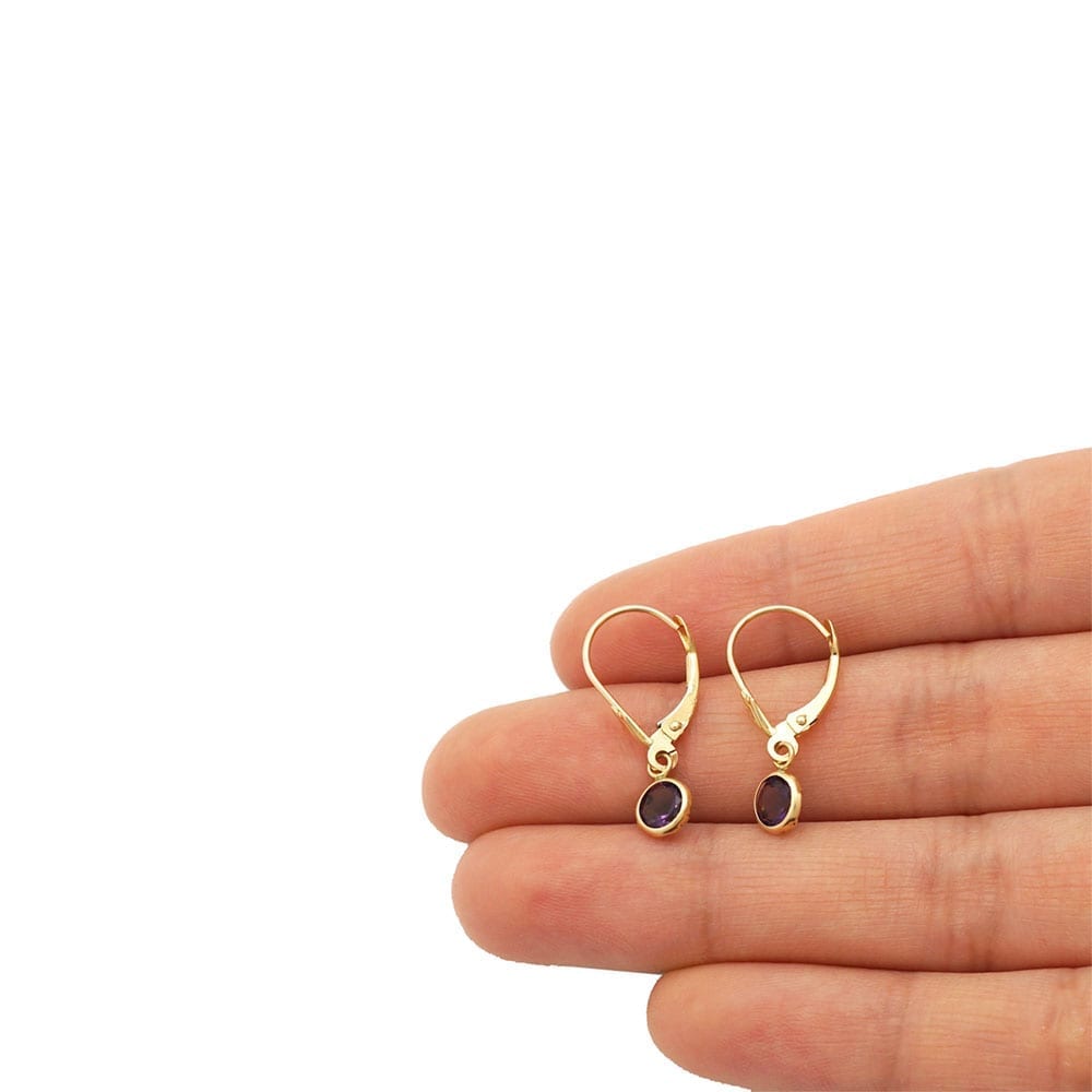 14k Yellow Gold Round Bezel Simulated Birthstone Drop Leverback Earrings