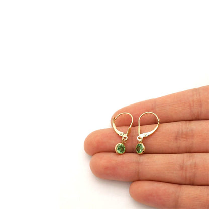 14k Yellow Gold Round Bezel Simulated Birthstone Drop Leverback Earrings