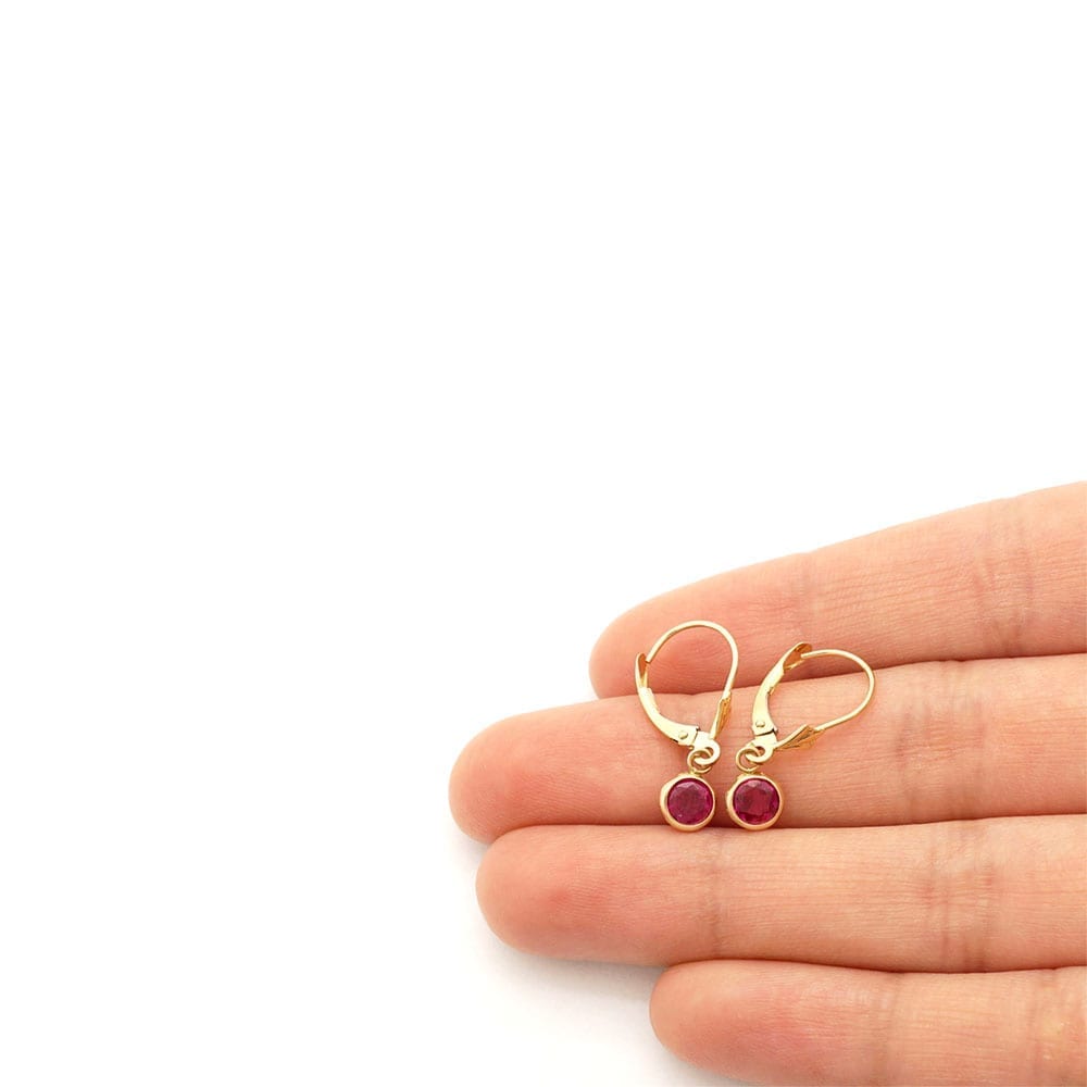 14k Yellow Gold Round Bezel Simulated Birthstone Drop Leverback Earrings
