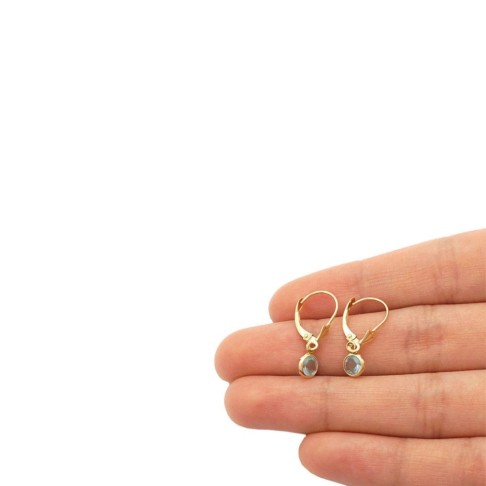 14k Yellow Gold Round Bezel Simulated Birthstone Drop Leverback Earrings