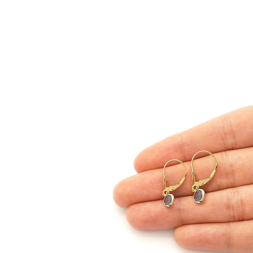 14k Yellow Gold Round Bezel Simulated Birthstone Drop Leverback Earrings