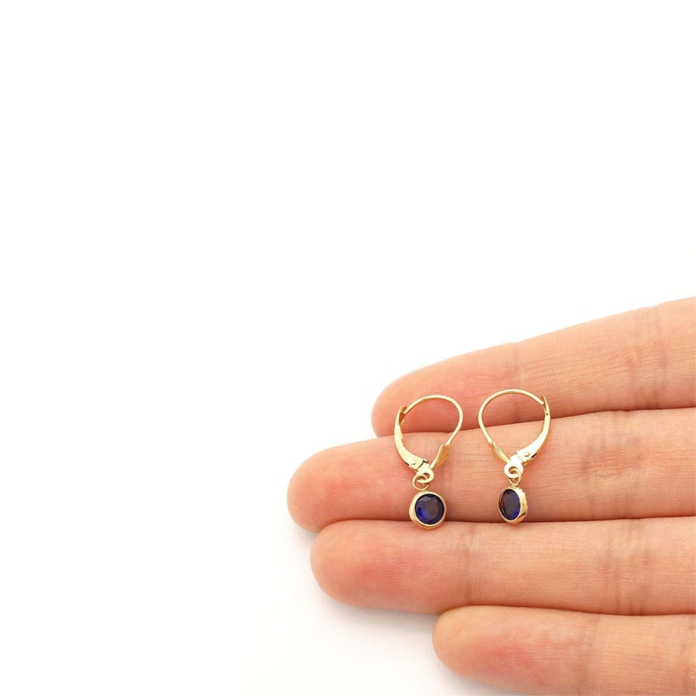 14k Yellow Gold Round Bezel Simulated Birthstone Drop Leverback Earrings