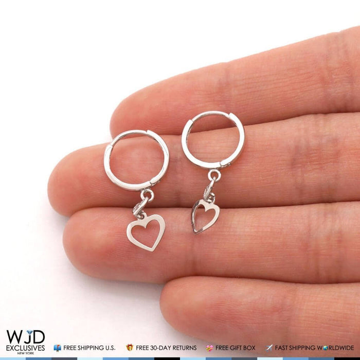 14K White Gold CZ Huggie Hoop Double Open Heart Dangle Earrings