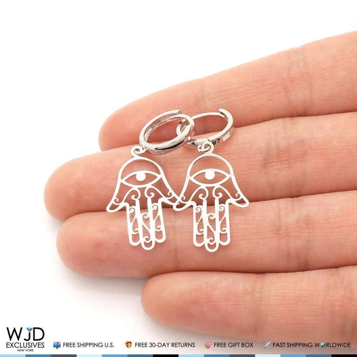 14K White Gold Filigree Hamsa Hand Huggie Hoop Dangle Earrings