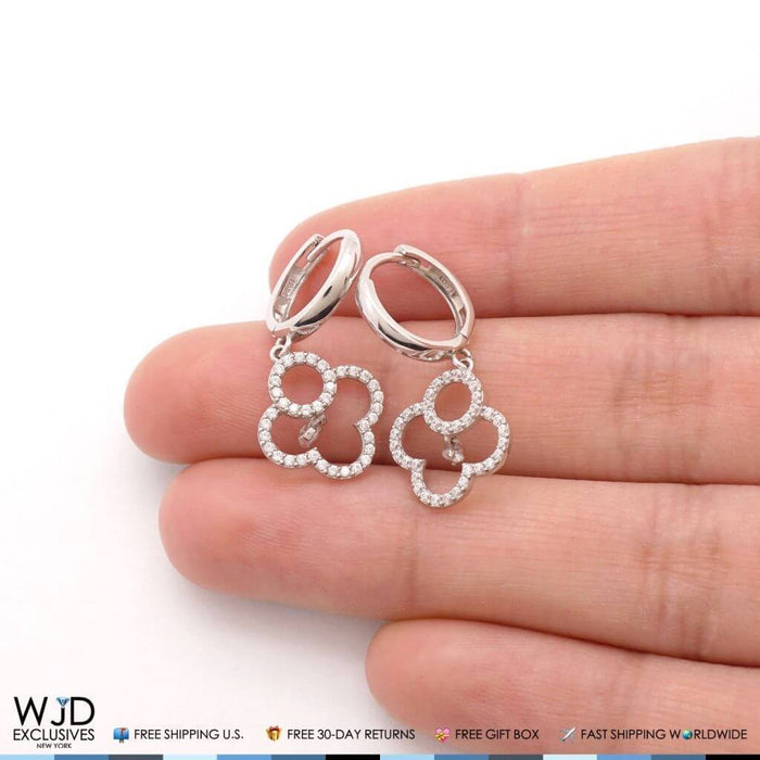 14k White Gold 2.25CTW CZ Quatrefoil Dangle Huggie Hoop Earrings