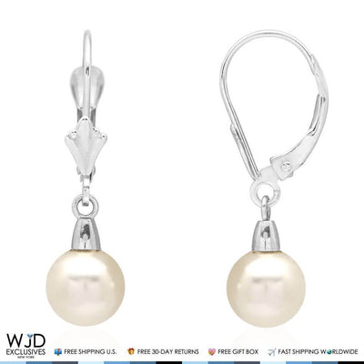 14K White Gold Freshwater Pearl Dangle Leverback Earrings 7mm