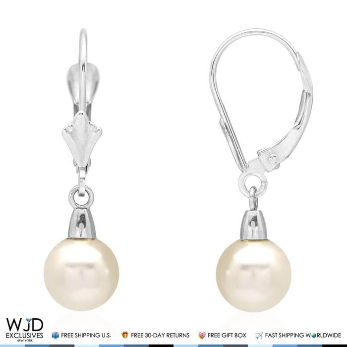 14K White Gold Freshwater Pearl Dangle Leverback Earrings 7mm