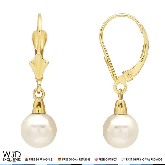 14K Gold Freshwater Pearl Dangle Leverback Earrings 7mm