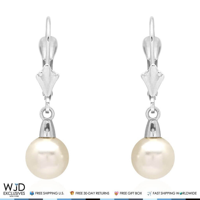 14K White Gold Freshwater Pearl Dangle Leverback Earrings 7mm