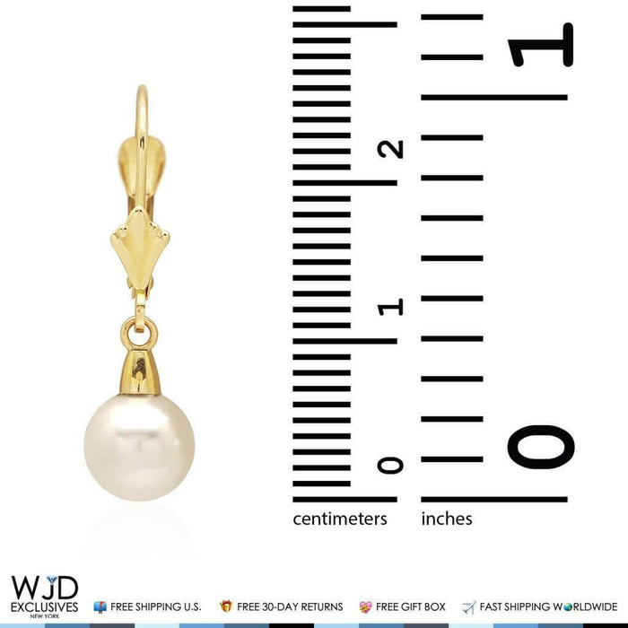 14K Gold Freshwater Pearl Dangle Leverback Earrings 7mm
