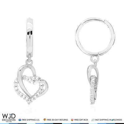 14k White Gold 1.20Ct Simulated Open Heart Dangle Huggie Hoop Earrings