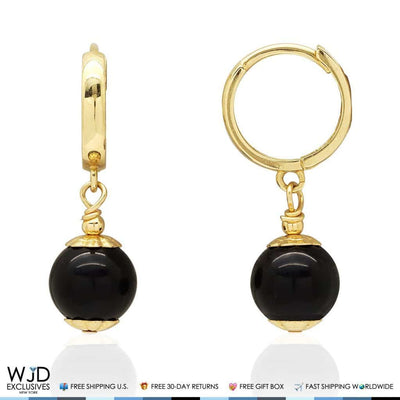 14K Yellow Gold 8mm Onyx Ball Huggie Hoop Dangle Earrings