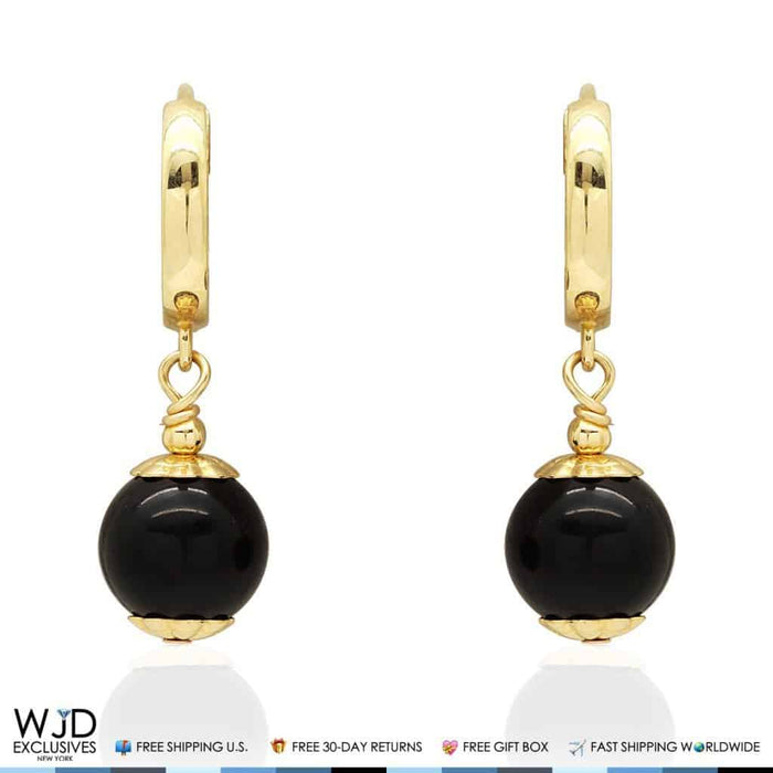 14K Yellow Gold 8mm Onyx Ball Huggie Hoop Dangle Earrings