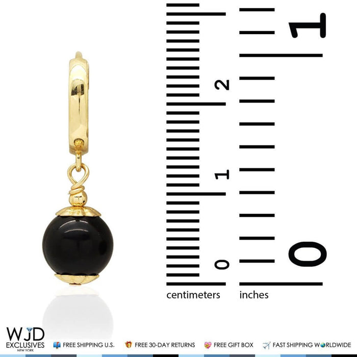 14K Yellow Gold 8mm Onyx Ball Huggie Hoop Dangle Earrings