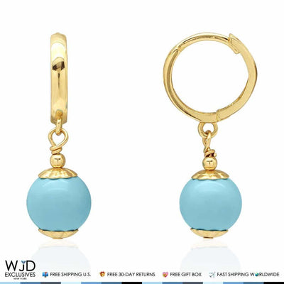 14K Yellow Gold Turquoise 8mm Ball Huggie Hoop Dangle Earrings