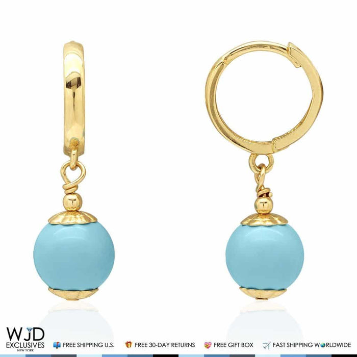 14K Yellow Gold Turquoise 8mm Ball Huggie Hoop Dangle Earrings