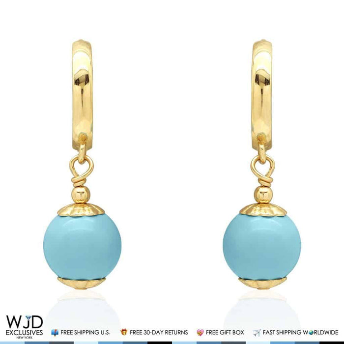 14K Yellow Gold Turquoise 8mm Ball Huggie Hoop Dangle Earrings
