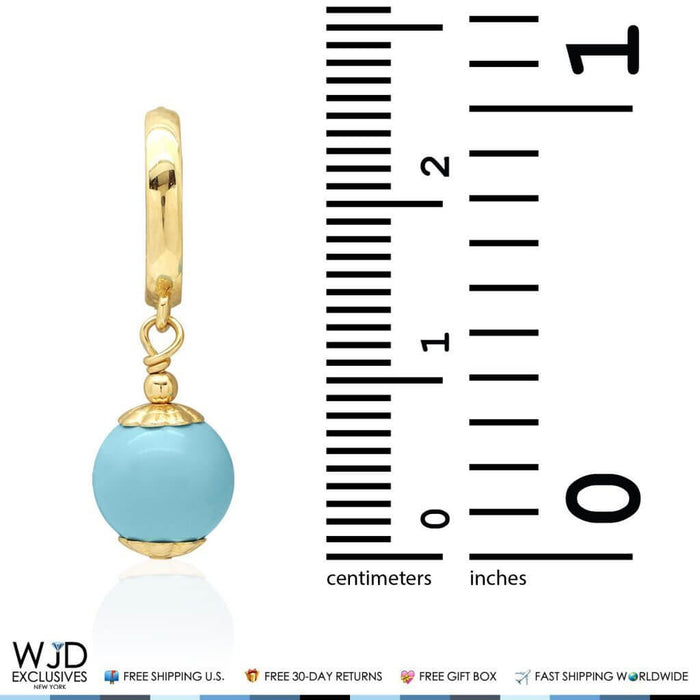 14K Yellow Gold Turquoise 8mm Ball Huggie Hoop Dangle Earrings