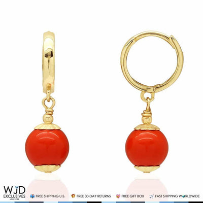 14K Yellow Gold Orange Simulated Coral 8mm Ball Huggie Hoop Dangle Earrings
