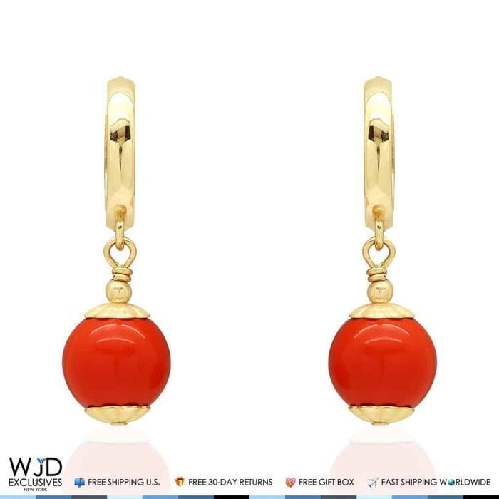 14K Yellow Gold Orange Simulated Coral 8mm Ball Huggie Hoop Dangle Earrings