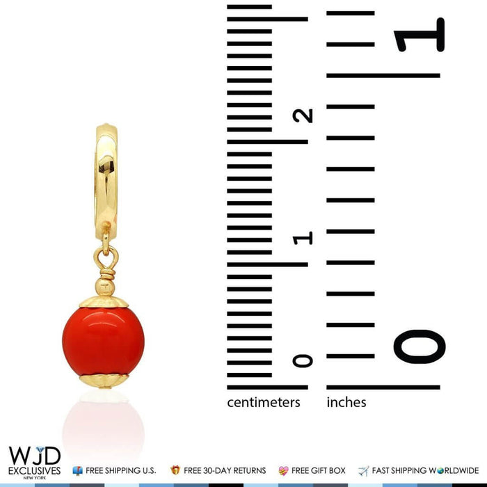 14K Yellow Gold Orange Simulated Coral 8mm Ball Huggie Hoop Dangle Earrings