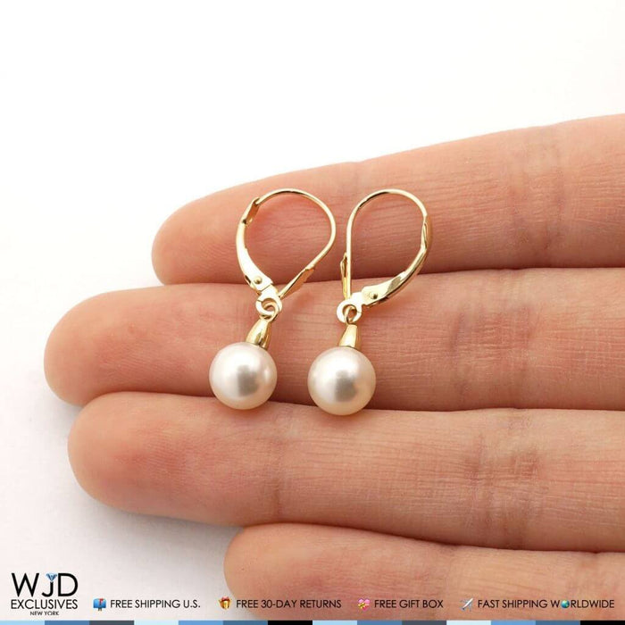 14K Gold Freshwater Pearl Dangle Leverback Earrings 7mm