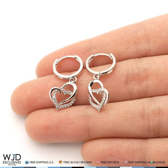 14k White Gold 1.20Ct Simulated Open Heart Dangle Huggie Hoop Earrings