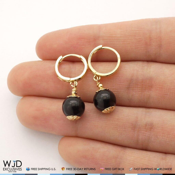 14K Yellow Gold 8mm Onyx Ball Huggie Hoop Dangle Earrings