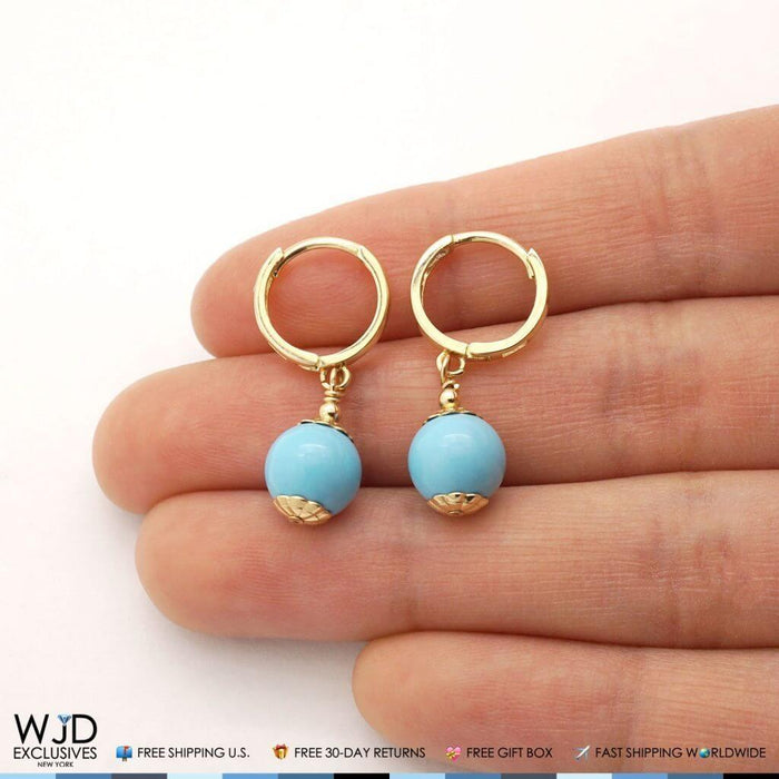 14K Yellow Gold Turquoise 8mm Ball Huggie Hoop Dangle Earrings