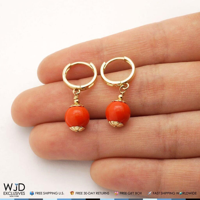 14K Yellow Gold Orange Simulated Coral 8mm Ball Huggie Hoop Dangle Earrings