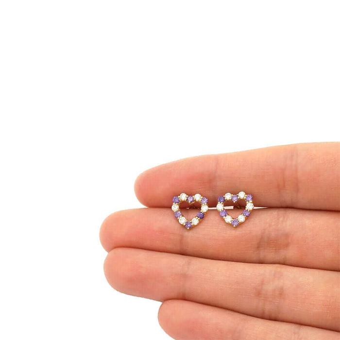 14k Yellow Gold CZ & Birthstone Heart Screw Back Stud Earrings