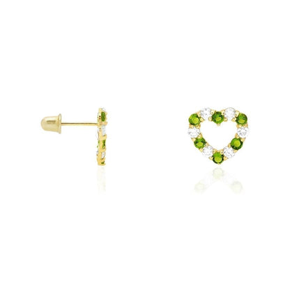 14k Yellow Gold CZ & Birthstone Heart Screw Back Stud Earrings
