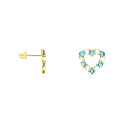 14k Yellow Gold CZ & Birthstone Heart Screw Back Stud Earrings