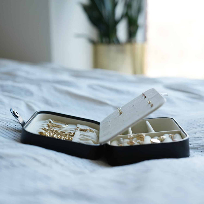 Compact PU Leather Double Layer Jewelry Organizer Box Portable Black Travel Case - WJD Exclusives