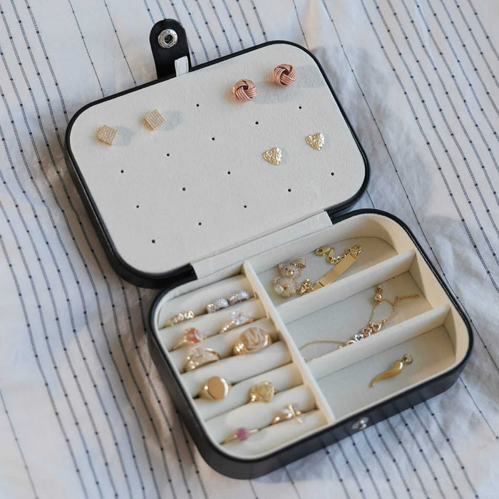 Compact PU Leather Double Layer Jewelry Organizer Box Portable Black Travel Case - WJD Exclusives
