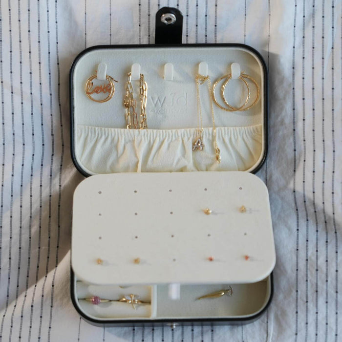 Compact PU Leather Double Layer Jewelry Organizer Box Portable Black Travel Case - WJD Exclusives