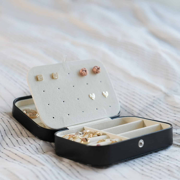 Compact PU Leather Double Layer Jewelry Organizer Box Portable Black Travel Case - WJD Exclusives