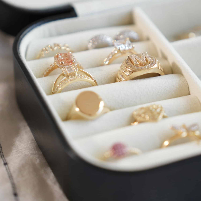 Compact PU Leather Double Layer Jewelry Organizer Box Portable Black Travel Case - WJD Exclusives