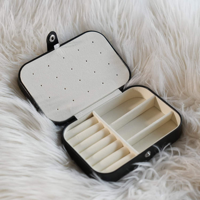 Compact PU Leather Double Layer Jewelry Organizer Box Portable Black Travel Case - WJD Exclusives