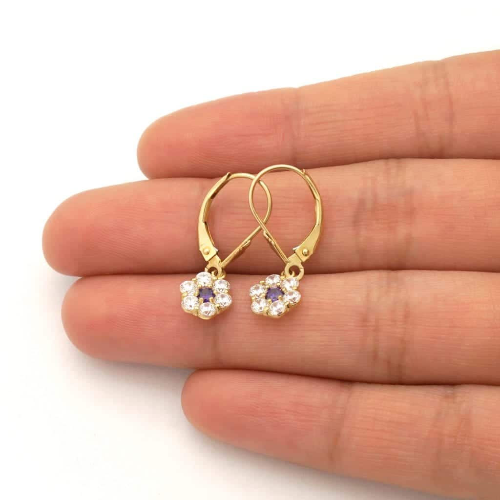 CZ Birthstone Flower  Leverback Earrings 14k Yellow Gold