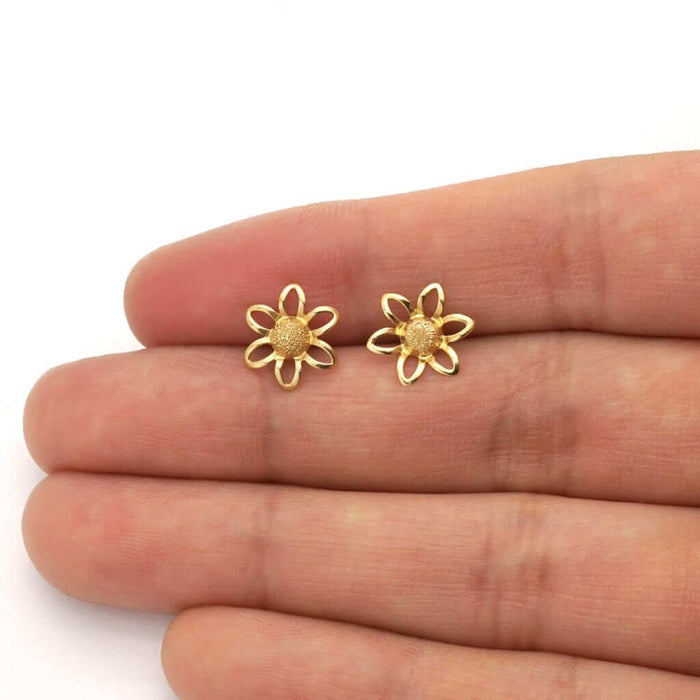 14k Yellow & White Gold Textured Sunflower Screw Back Stud Kid Earrings