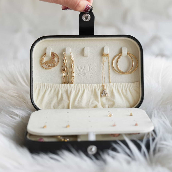 Compact PU Leather Double Layer Jewelry Organizer Box Portable Black Travel Case - WJD Exclusives
