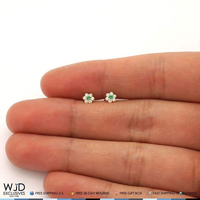 14k Yellow Gold CZ Emerald And Flower Screw Back Stud Earrings
