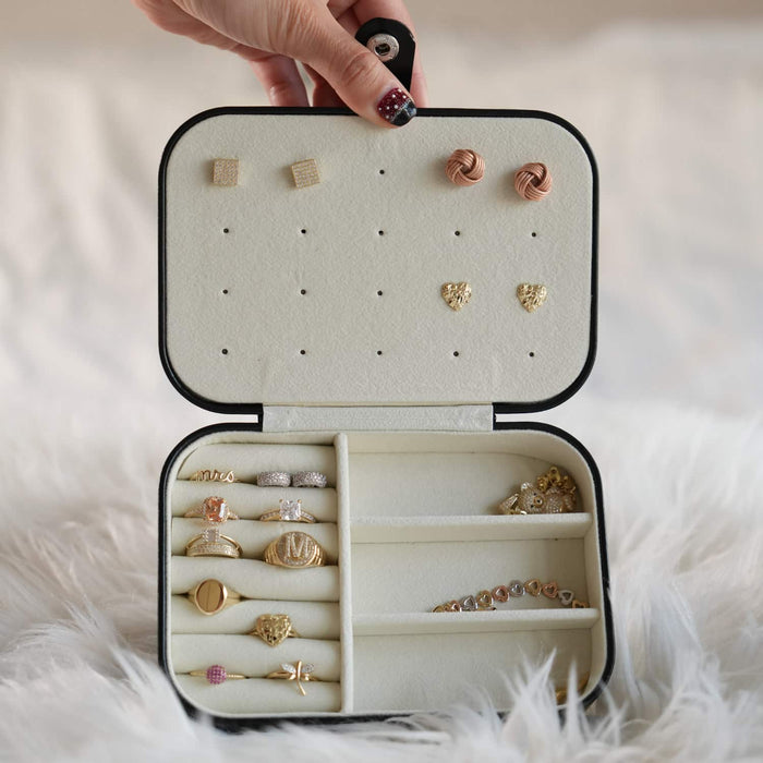 Compact PU Leather Double Layer Jewelry Organizer Box Portable Black Travel Case - WJD Exclusives