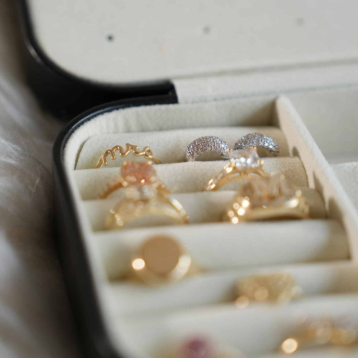 Compact PU Leather Double Layer Jewelry Organizer Box Portable Black Travel Case - WJD Exclusives